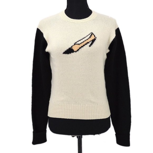 CHANEL Tops - CHANEL 95A #42 CC Logos Long Sleeve Round Neck Knit Tops White Black